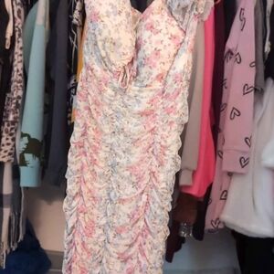 Pink and Cream Ruched Bodycon Midi Dress